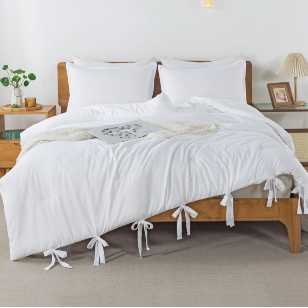 King size white comforter set boho farmhouse bow knot tie 3 piece bed in a bag